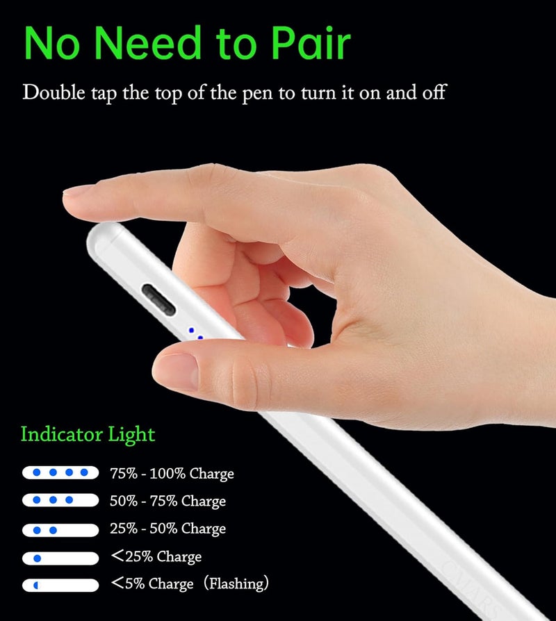 CMARS Stylus Pen for iPad(2018-2025), Pad Pencil 10th Generation with Palm Rejection, Active Digital Pencil Compatible with Apple iPad 6/7/8/9/10/A16, Pro 11"/12.9"/13"/M4, Mini 5/6, Air 3/4/5/M2/M3 -White - Image 4